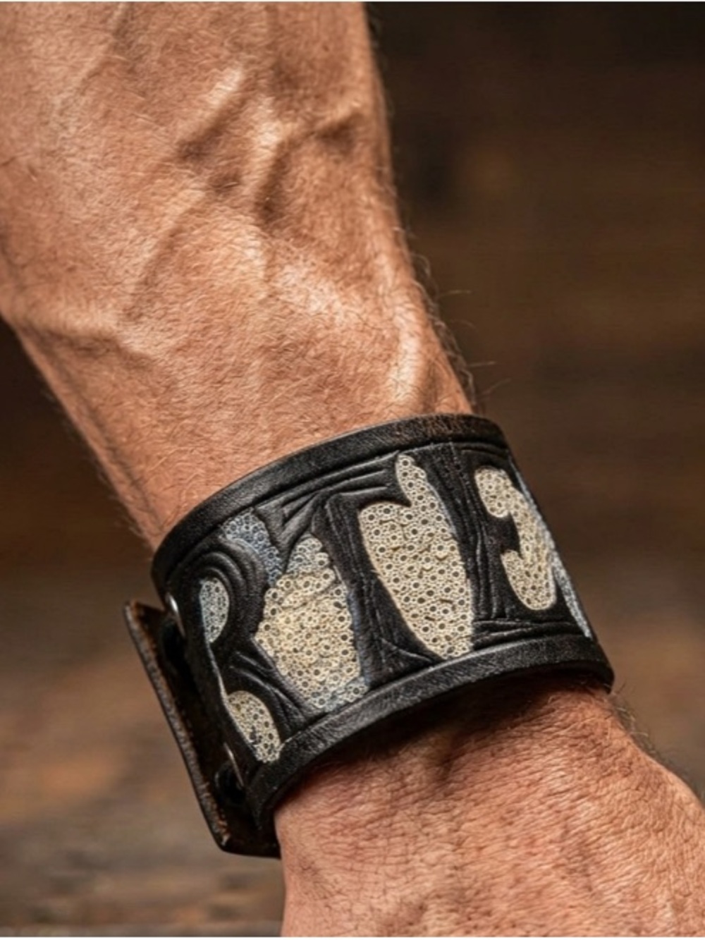 Handcrafted Artisan Leather Cuff Bracelet with Ivory Inlay
